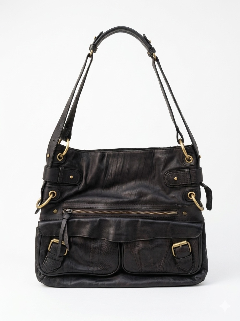 Boston Proper Black Genuine Leather Multi-Pocket Shoulder Bag Hobo Moto